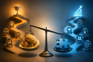 3D illustration comparing LLM fine-tuning and AI integration on a balanced scale.