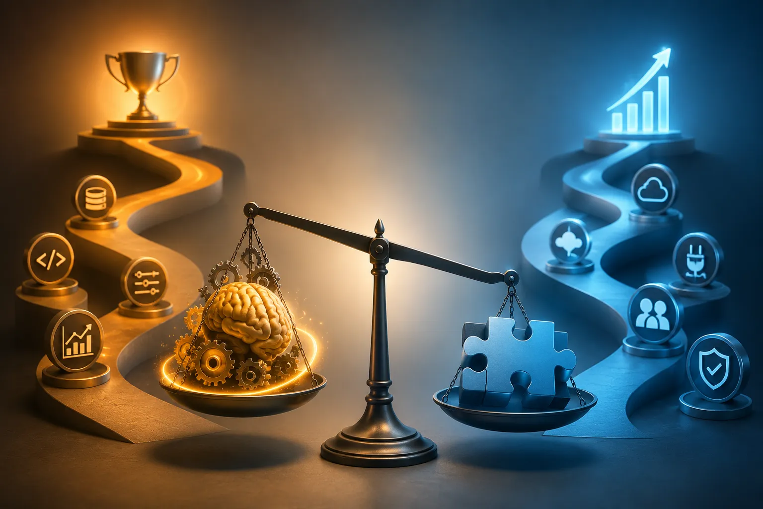 3D illustration comparing LLM fine-tuning and AI integration on a balanced scale.