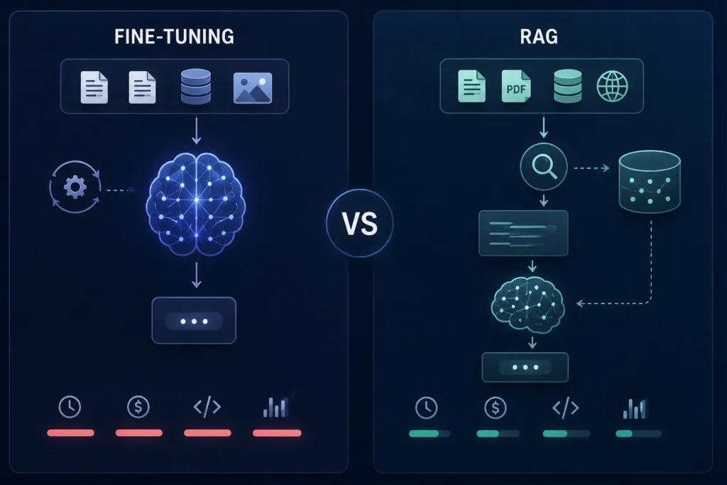 Side-by-side comparison of fine-tuning and RAG, showing how RAG retrieves external knowledge in real time while fine-tuning relies on retrained model knowledge.