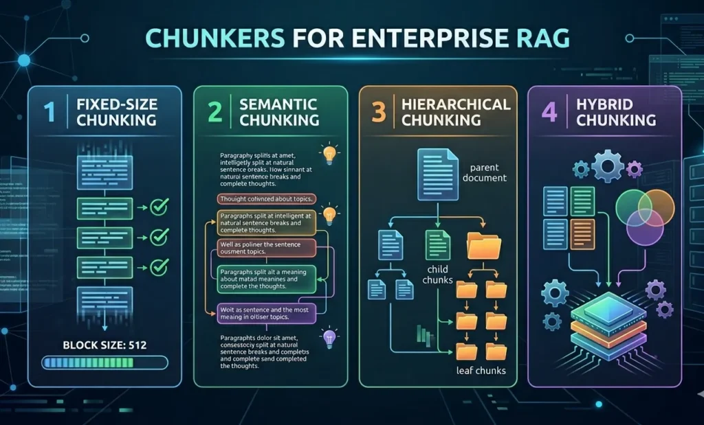A professional infographic titled "Chunkers for Enterprise RAG" displaying four data chunking strategies in a dark, high-tech interface layout. It features four distinct vertical columns: "1. Fixed-Size Chunking" with linear data blocks; "2. Semantic Chunking" showing text broken down by thematic meaning and thoughts; "3. Hierarchical Chunking" illustrating a parent document branching into child and leaf chunks; and "4. Hybrid Chunking" combining multiple data formats into a unified processor.