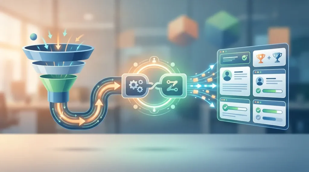 A professional, high-tech conceptual graphic showing a sleek sales funnel on the left seamlessly connected by glowing, automated data streams to a digital CRM dashboard on the right. In the center, a glowing, interlocking gear and automation node mechanism symbolizes a secure, zero-leak workflow integration between platforms like Zapier and HubSpot in a modern office setting.