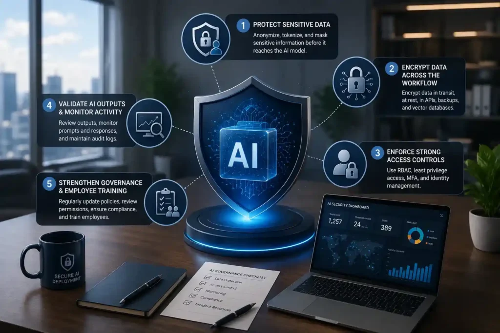 Modern office workspace illustrating secure AI deployment with data protection, encryption, access controls, AI monitoring, and governance practices.