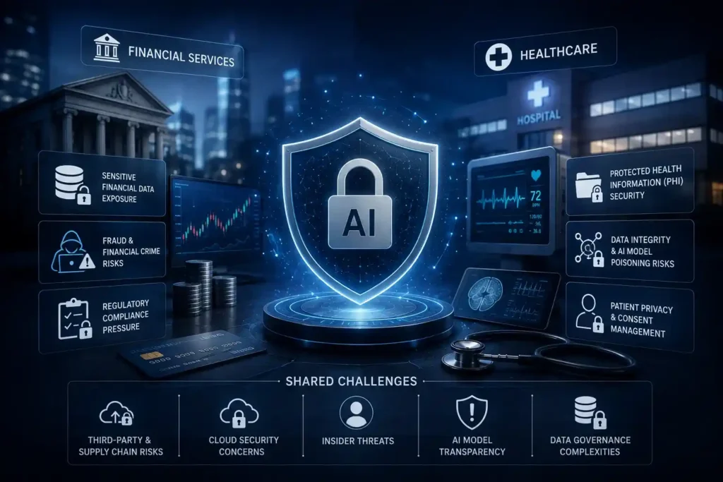 3D illustration comparing AI security challenges in financial services and healthcare, highlighting data protection, compliance, privacy, and cyber threats.