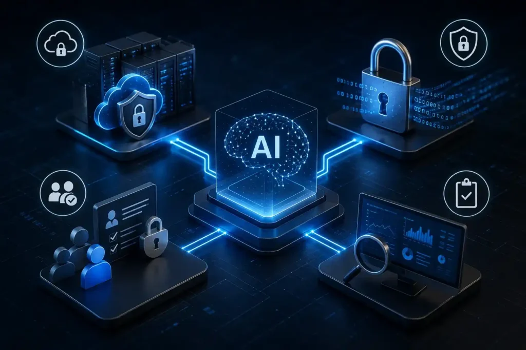3D illustration of secure enterprise AI architecture showing private LLM deployment, data encryption, role-based access control, and continuous monitoring connected to a central AI system.
