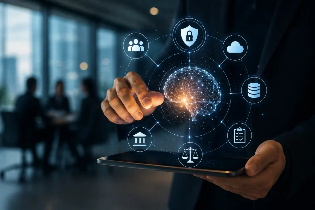 Enterprise AI security dashboard with secure AI network, compliance controls, encrypted data, and business professionals managing protected digital systems.