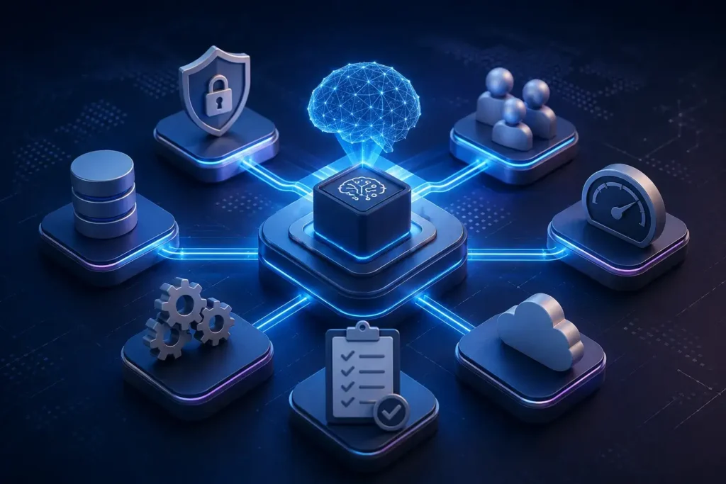 Glowing central AI brain node connected via circuit paths to security, cloud storage, performance metrics, and governance modules.