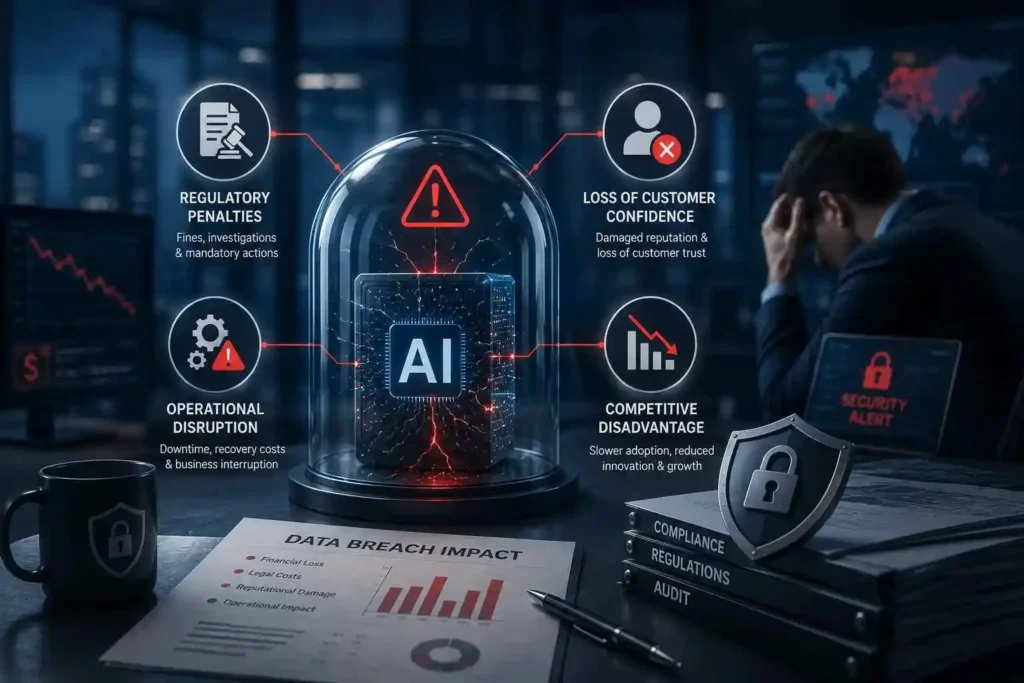 3D illustration of an AI data breach showing cybersecurity risks, compliance challenges, financial impact, and loss of customer trust.