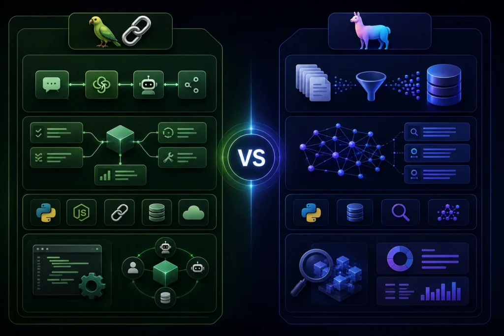 Side-by-side technical comparison diagram of LangChain framework modular agents on the left and LlamaIndex data indexing retrieval architecture on the right.