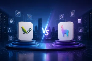 A futuristic 3D illustration comparing two enterprise AI frameworks, featuring abstract icons representing LangChain vx LlamaIndex on illuminated platforms facing each other in a modern data center environment with glowing blue and purple lighting, connected by digital workflow symbols and a sleek technology-inspired background.