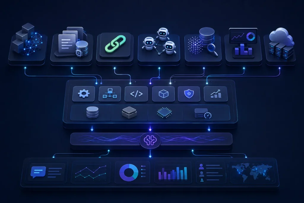 Dark modern 3D diagram illustrating the components of an enterprise AI stack, connecting data pipelines, AI agents, cloud servers, and analytics dashboards.