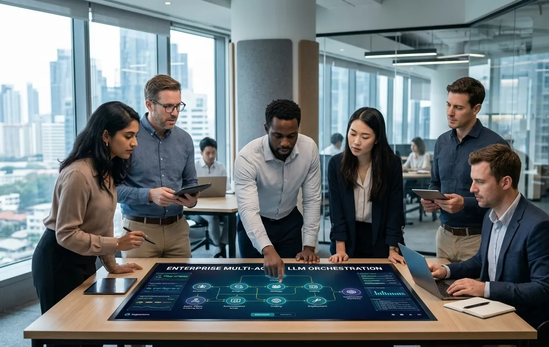 A professional enterprise team collaborates around a large digital touch-table displaying a multi-agent LLM orchestration workflow diagram in a modern, high-rise office.