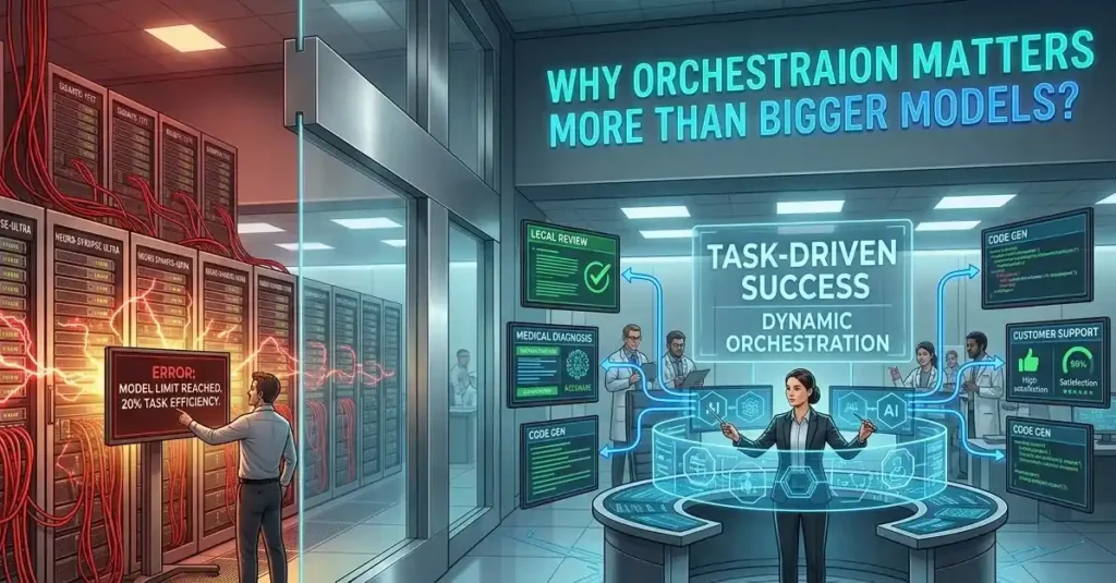 An infographic-style illustration comparing a cluttered, struggling server room on the left with a futuristic, orderly AI command center on the right, illustrating the prompt "Why Orchestration Matters More Than Bigger Models?" A man faces large, tangled server racks with an error message on a screen, while a woman controls a holographic interface labeled "Task-Driven Success" and "Dynamic Orchestration" with real-world examples.