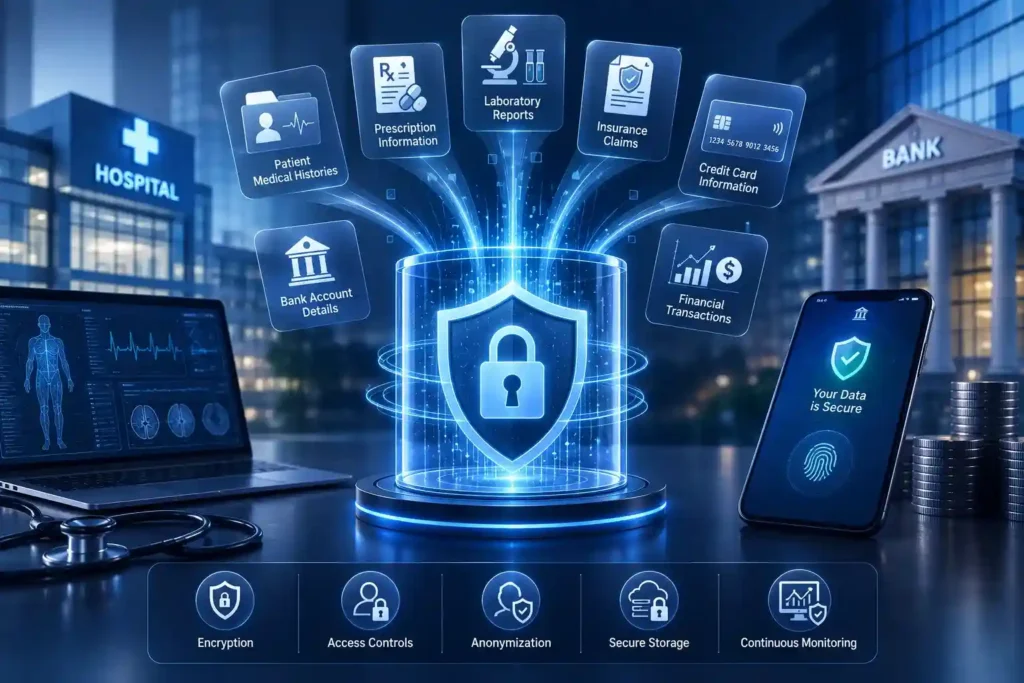 3D illustration of secure AI protecting sensitive healthcare and financial customer data with encryption, access controls, anonymization, secure storage, and continuous monitoring.