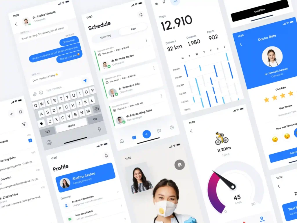 Multiple mobile app UI screens displaying chat messaging, doctor appointment schedules, activity tracking, and user profile layouts.