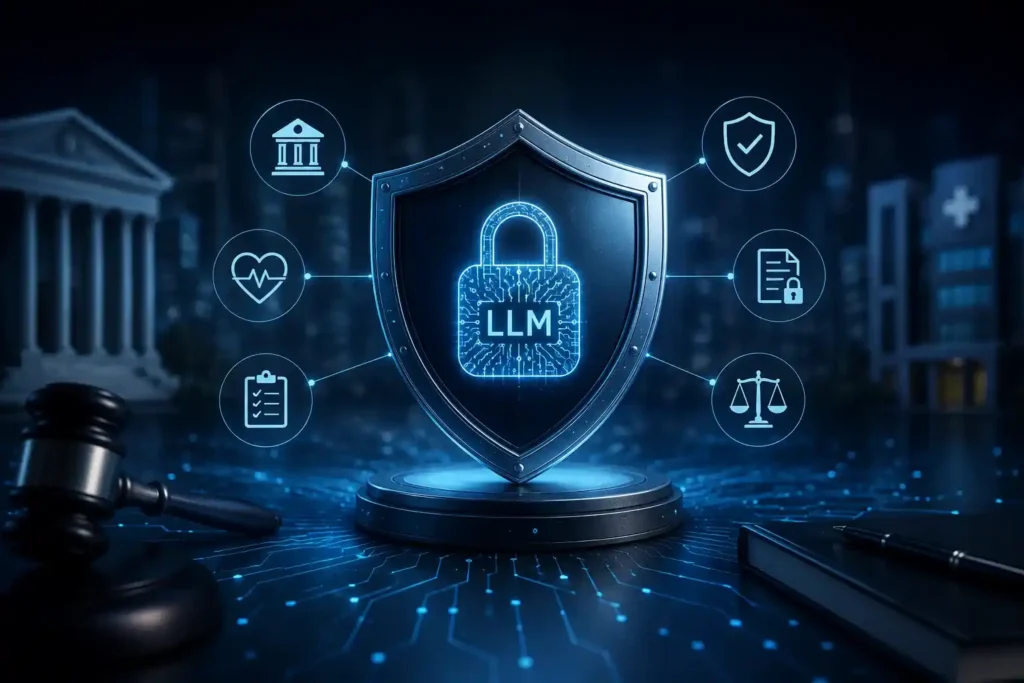 3D illustration of a secure LLM protected by a cybersecurity shield, surrounded by healthcare, financial, compliance, and governance icons representing secure AI integration in regulated industries.