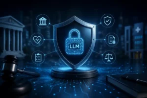 3D illustration of a secure LLM protected by a cybersecurity shield, surrounded by healthcare, financial, compliance, and governance icons representing secure AI integration in regulated industries.