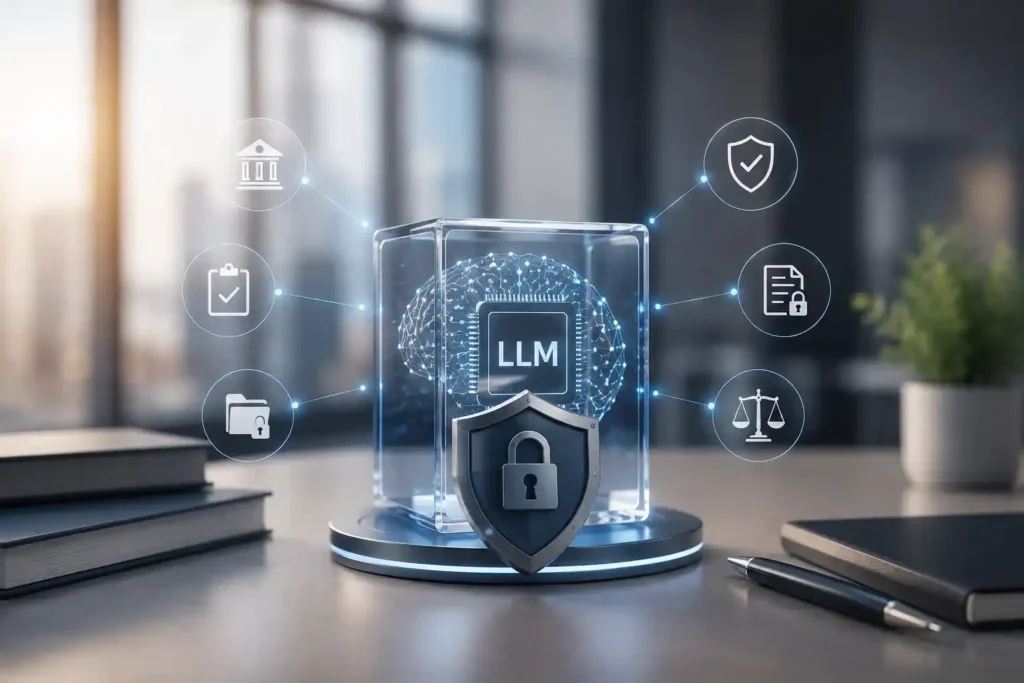 3D illustration of a secure AI system protecting a large language model (LLM) with cybersecurity, compliance, and regulated industry icons in a modern office environment.