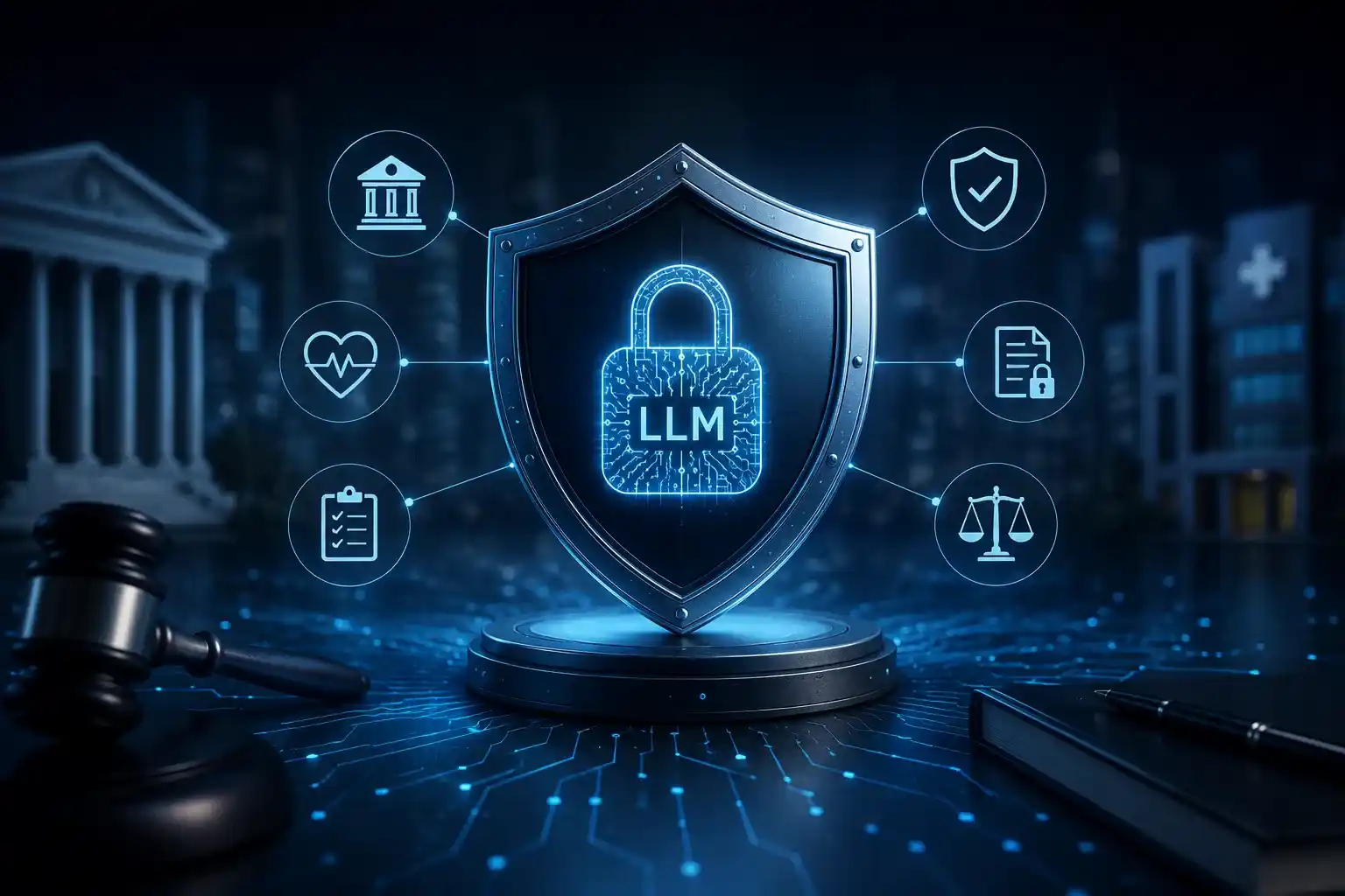 3D illustration of a secure LLM protected by a cybersecurity shield, surrounded by healthcare, financial, compliance, and governance icons representing secure AI integration in regulated industries.