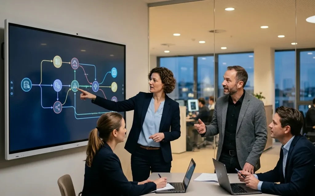 Business professionals in an office reviewing an interactive whiteboard displaying a colorful node-based workflow orchestration diagram.