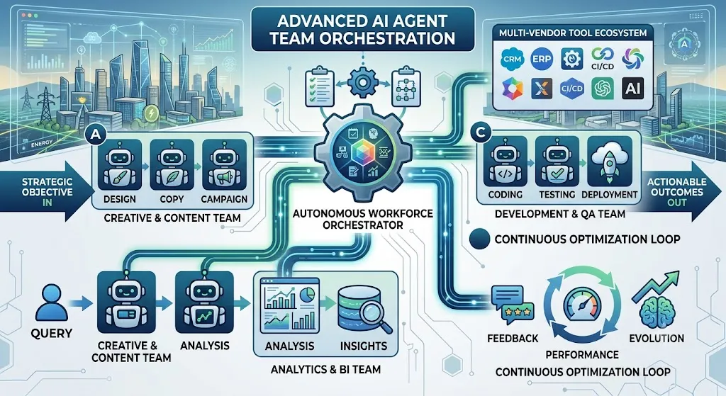 A detailed architectural diagram showing an "Advanced AI Agent Team Orchestration" system, where a central autonomous workforce orchestrator coordinates multiple specialized AI agent teams (Creative, Development, and Analytics) connected to a multi-vendor tool ecosystem and a continuous optimization loop.