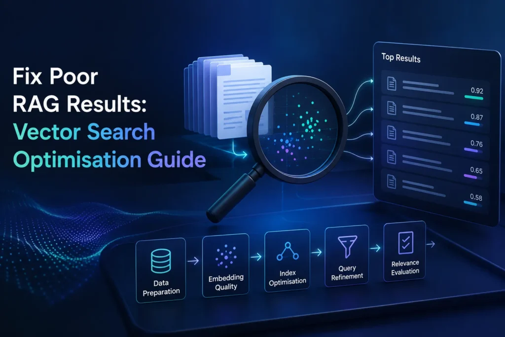 Illustration of AI vector search optimization showing document embeddings, semantic search, indexing, query refinement, and ranked retrieval results.