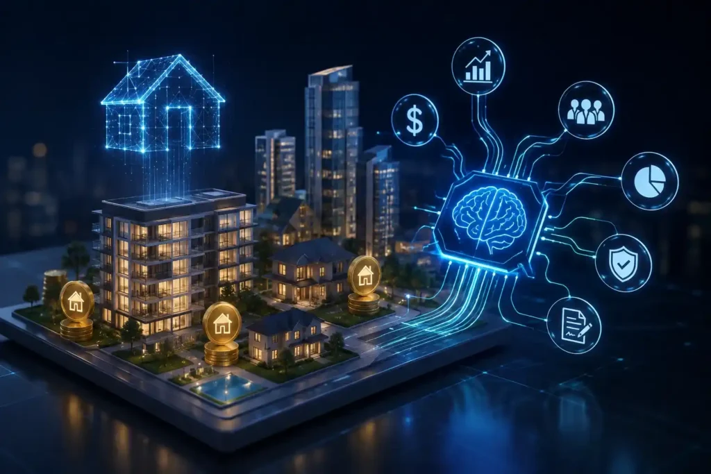 AI technology connecting tokenized properties with smart data, analytics, security, and investment insights.