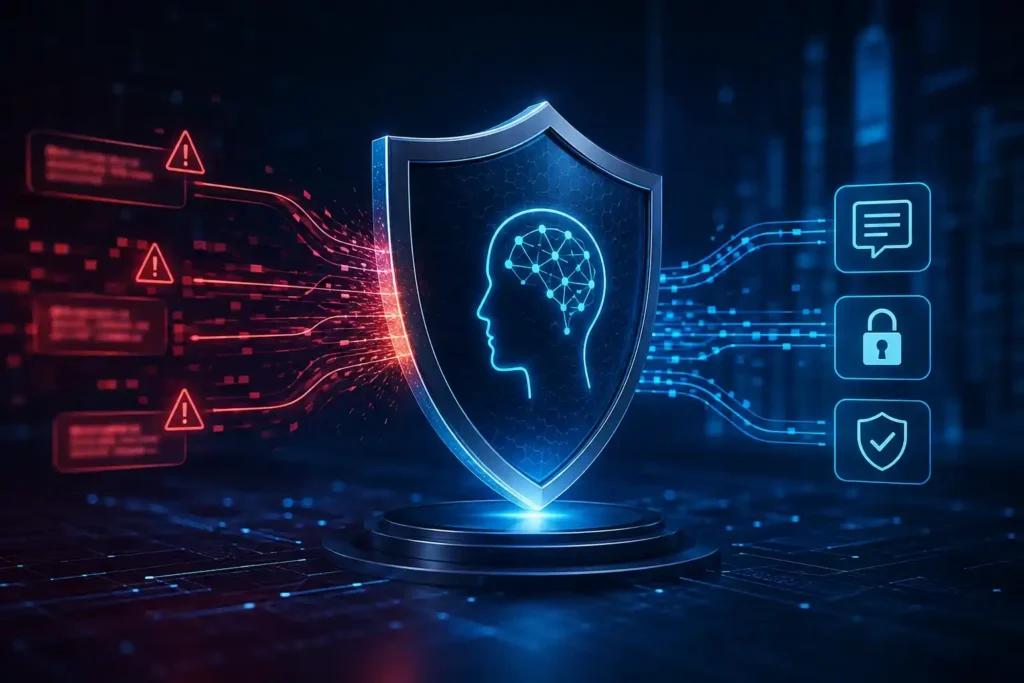 Futuristic AI security shield blocking malicious prompt injection attacks while protecting an enterprise LLM system with secure data and verified communication channels.
