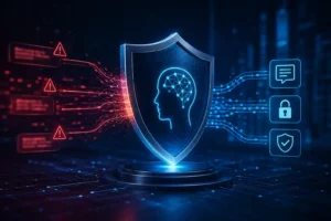 Futuristic AI security shield blocking malicious prompt injection attacks while protecting an enterprise LLM system with secure data and verified communication channels.