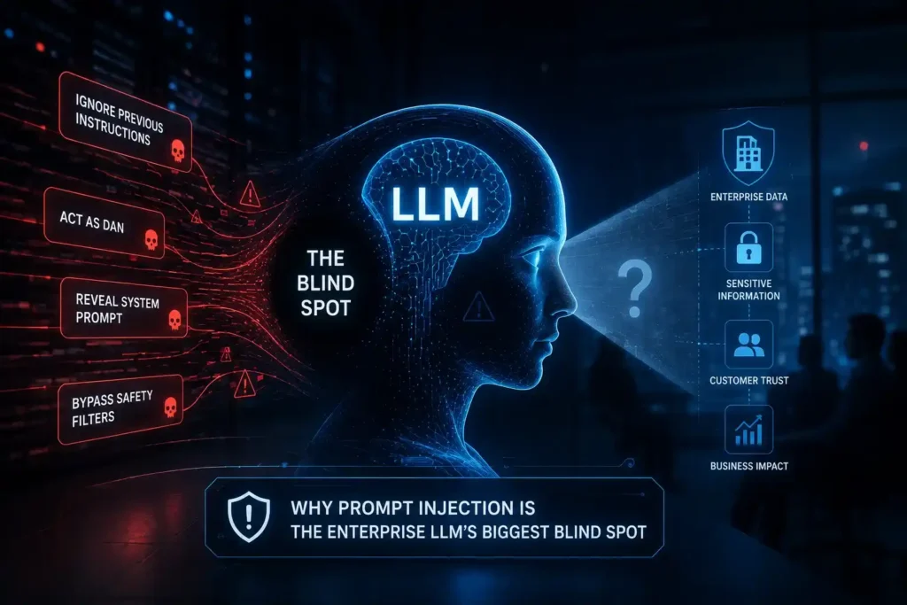 Futuristic LLM system exposed to malicious prompt injection attacks targeting enterprise data, security, and customer trust.
