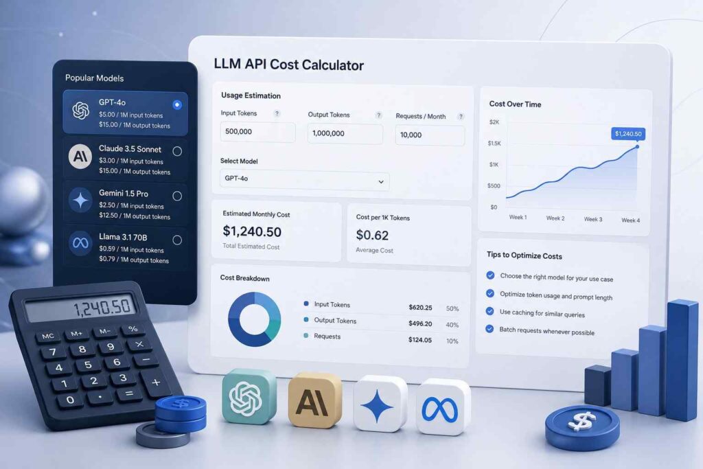 3D illustration of an AI dashboard displaying LLM API cost estimation, token usage, pricing analytics, and cost optimization metrics.