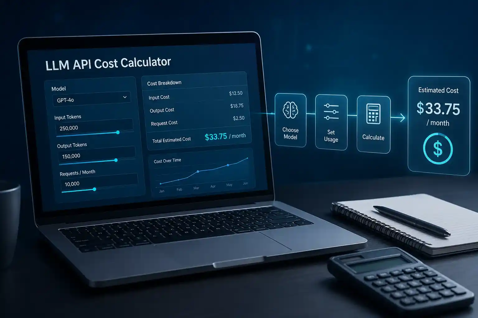Professional illustration of an LLM API cost calculator dashboard displaying AI token usage, pricing estimates, and cost analysis for large language model applications.
