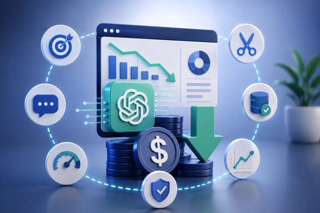 3D illustration of AI cost optimization with an analytics dashboard, downward savings arrow, token management icons, and stacked coins representing reduced LLM API costs.
