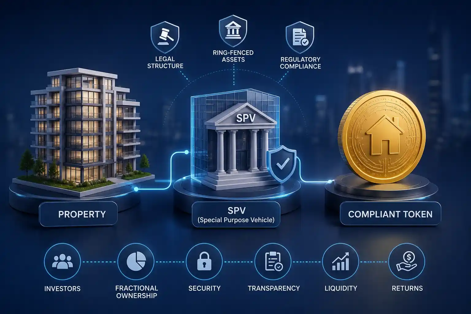 Professional illustration showing the real estate tokenization model connecting a property to an SPV and a compliant digital token through legal structure, asset protection, and regulatory compliance.