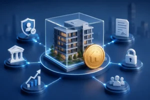 3D illustration showing a real estate property being tokenized through blockchain, with digital tokens connected to security, legal compliance, investors, and financial systems.