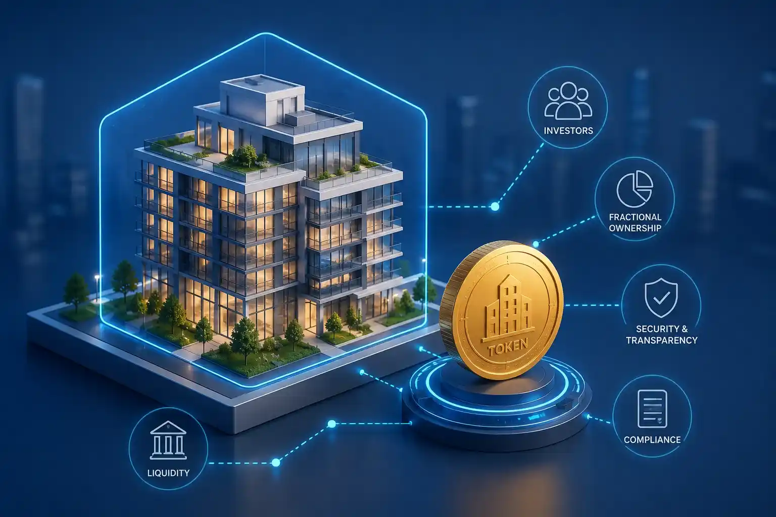 3D illustration explaining real estate tokenization, showing a modern property transformed into digital tokens with connections to investors, fractional ownership, security, compliance, and liquidity.