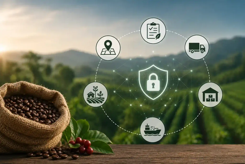 Blockchain-based agricultural traceability connecting farm production, compliance verification, transportation, and supply-chain records.