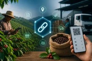 Blockchain traceability in agriculture connecting farm production, IoT data, supply-chain tracking, and product provenance.