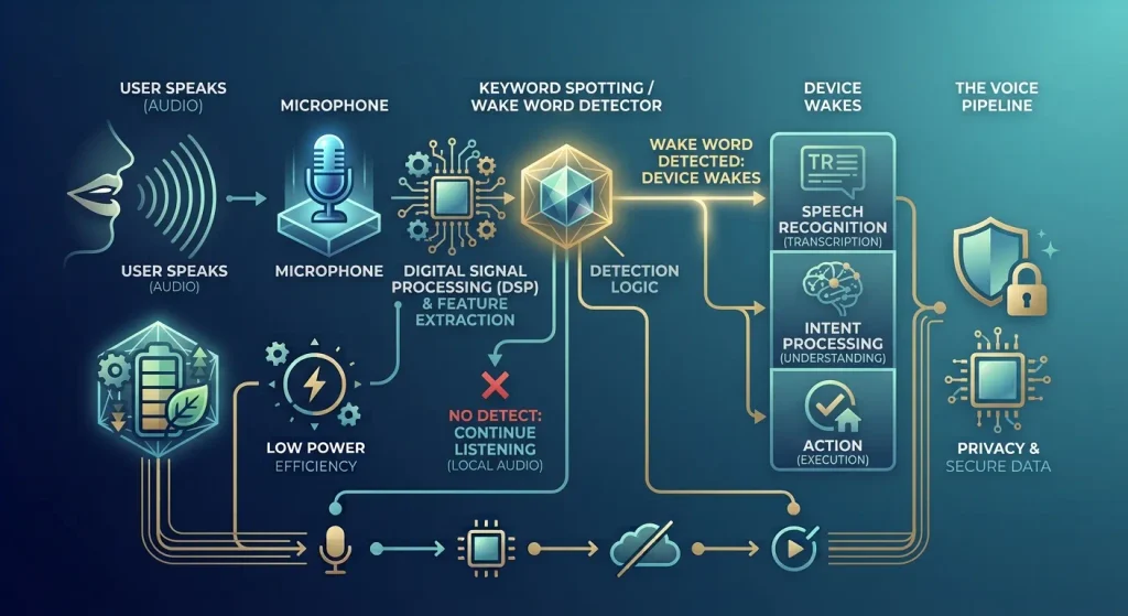 An infographic illustrating the sequential process of on-device wake word detection, showing the transition from speech input to a full voice pipeline, highlighting features like low power efficiency and secure data privacy.