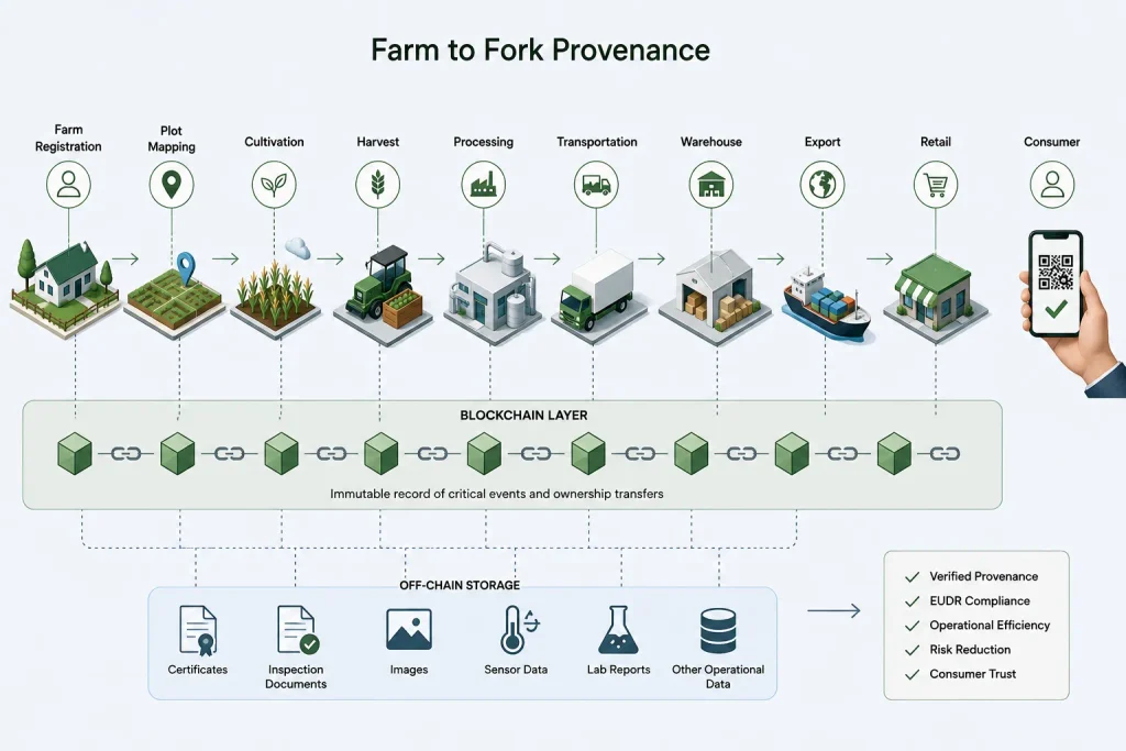 Farm-to-fork blockchain traceability architecture connecting farm registration, cultivation, processing, transportation, export, and retail with verified blockchain records.