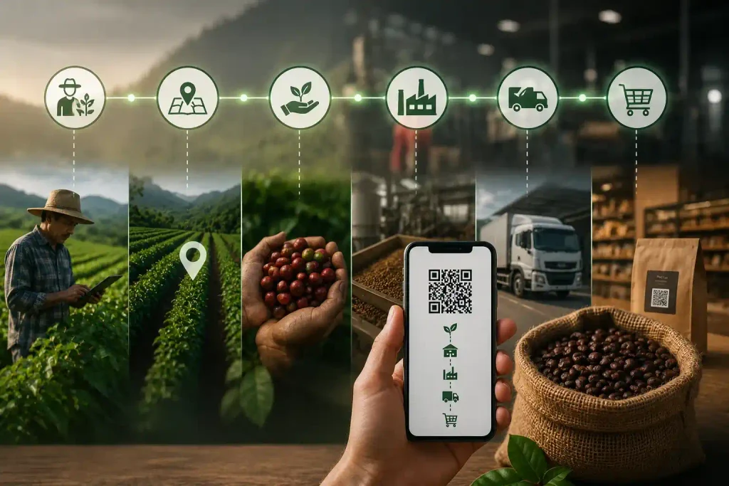 Farm-to-fork agricultural traceability connecting farmers, production, processing, transportation, retail, and QR-based product verification