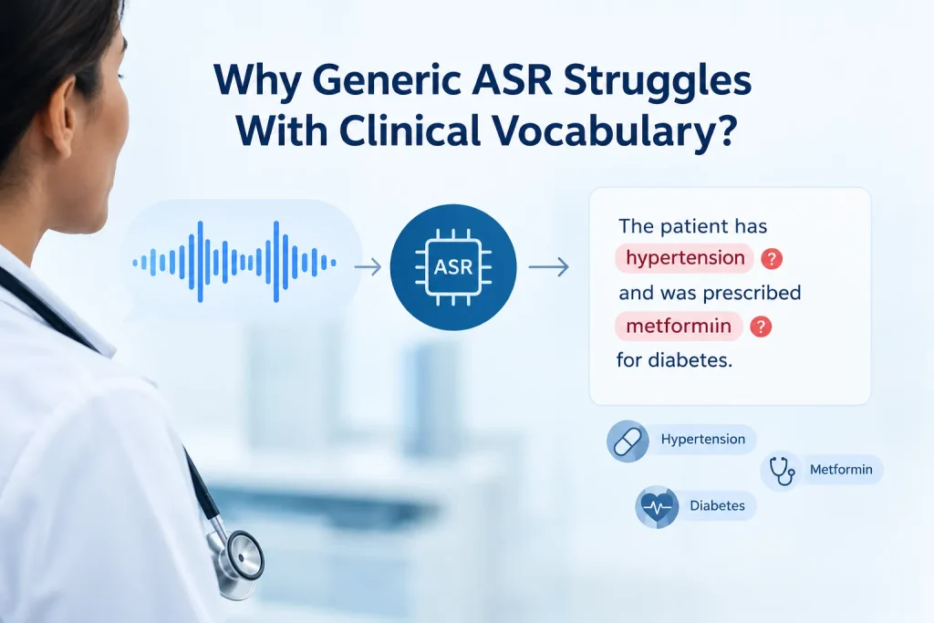 Illustration showing a doctor’s speech processed by an ASR system, highlighting how generic speech recognition can misinterpret clinical terms such as hypertension and metformin.