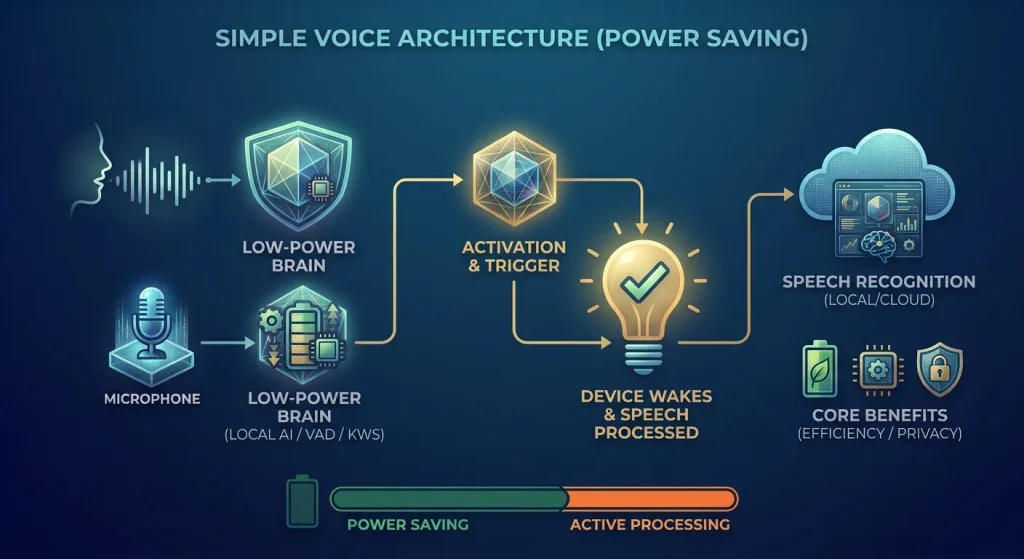 A simple graphic illustrating low-power wake word detection, showing the progression from local audio capture to device activation and cloud speech recognition.
