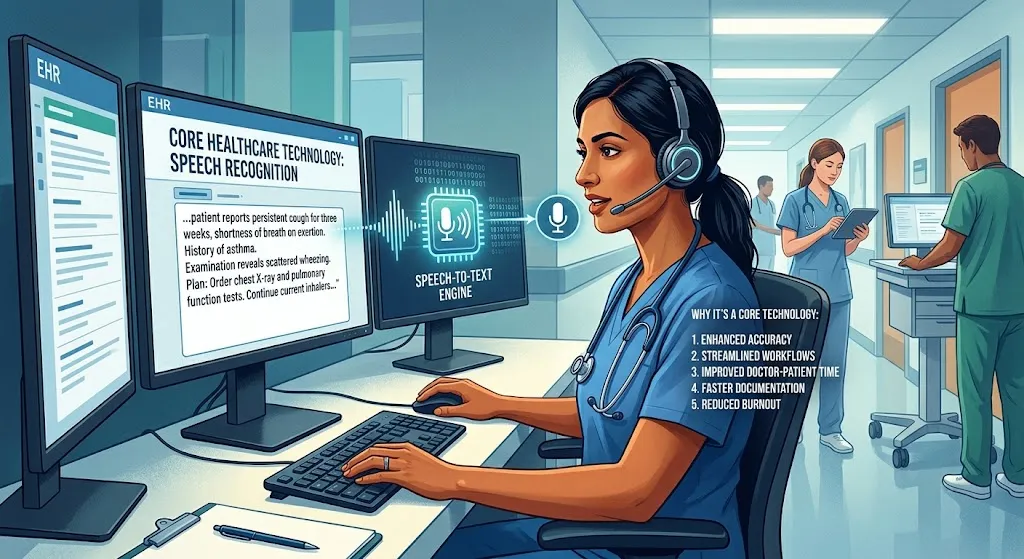 A medical professional wearing a headset uses a speech-to-text engine to dictate patient notes directly into an Electronic Health Record (EHR) system on desktop monitors in a modern healthcare environment.