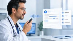 A healthcare professional using AI-powered medical speech recognition software to convert spoken clinical information into accurate documentation, highlighting medication names, dosages, and clinical terminology in a modern healthcare workflow.