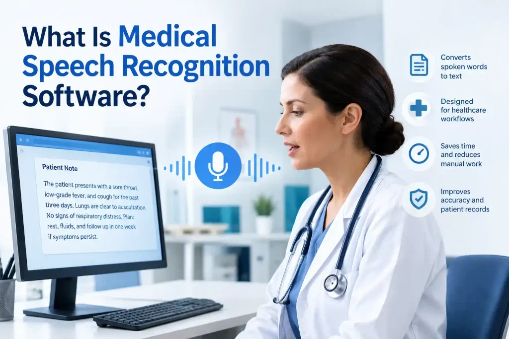 Doctor using medical speech recognition software to convert spoken clinical notes into text on a computer.