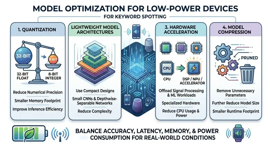 An infographic outlining four strategies for optimizing keyword spotting models for low-power devices: Quantization (converting 32-bit floats to 8-bit integers), Lightweight Model Architectures, Hardware Acceleration (using DSPs/NPUs), and Model Compression (pruning unnecessary parameters).