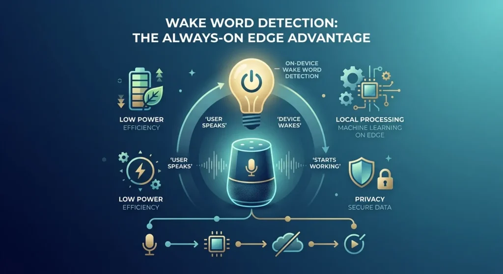Infographic showing the advantages of on-device wake word detection for privacy and power efficiency.