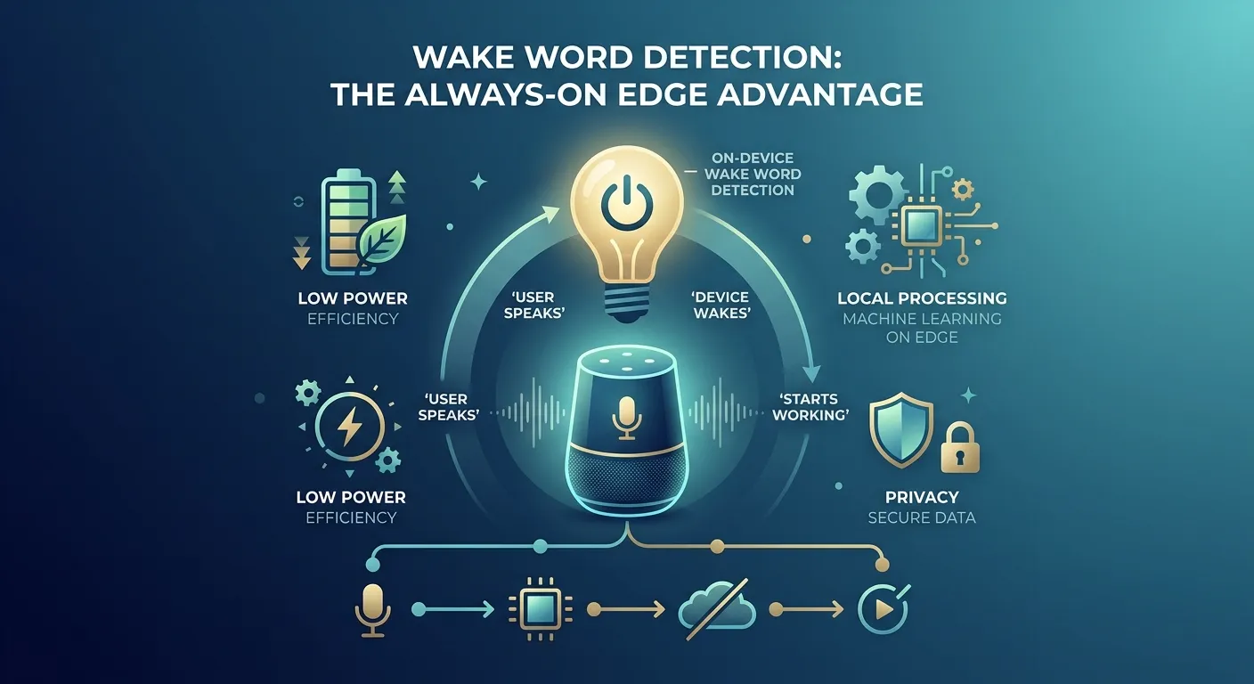 Infographic showing the advantages of on-device wake word detection for privacy and power efficiency.