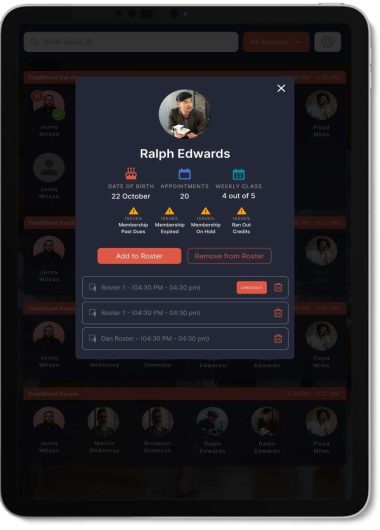 Spark Kiosk app profile view of Ralph Edwards with membership status and class details