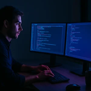 Developer in dim office coding on glowing monitors with futuristic AI interface, representing vibe coding.